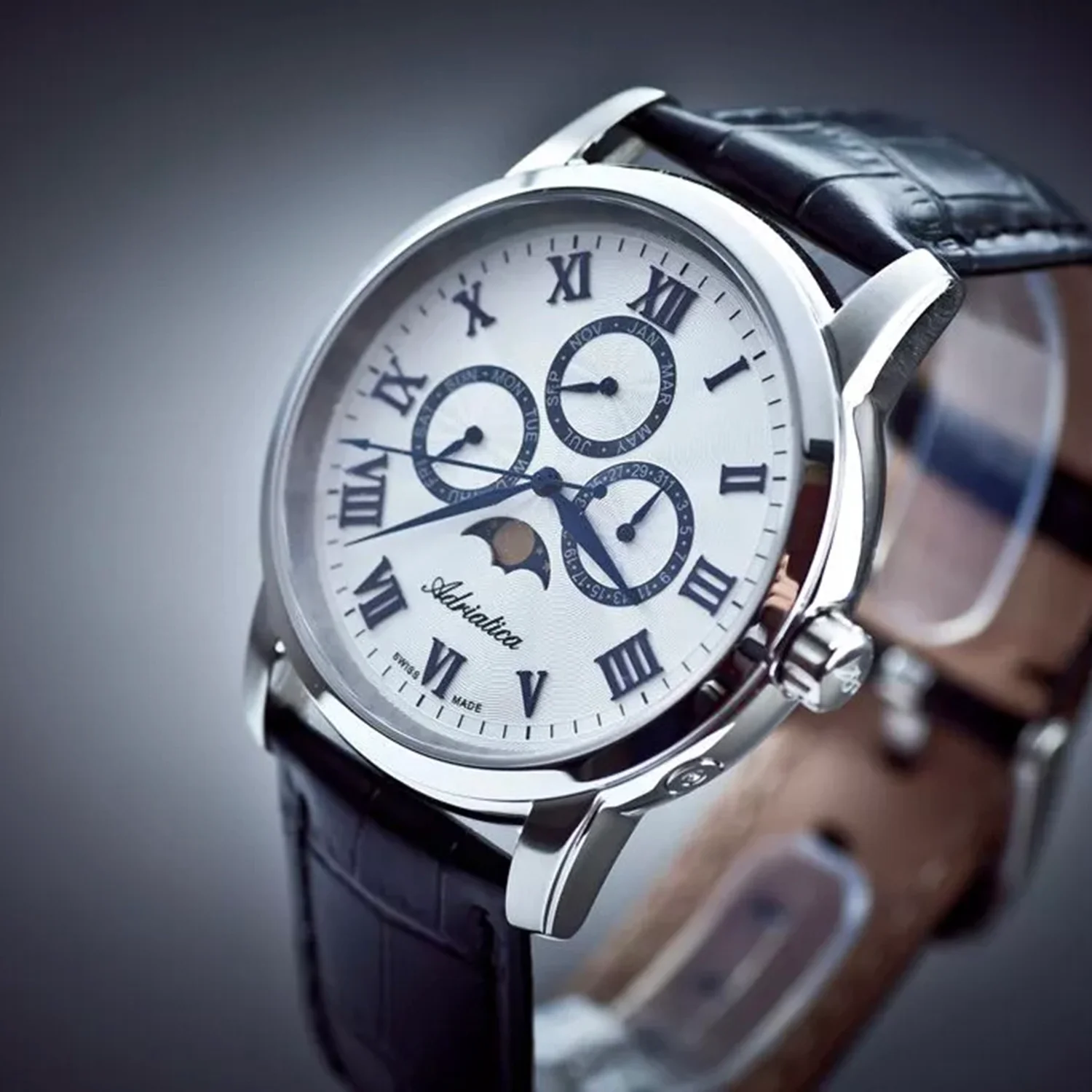 Moonphase Men Quartz Silver Dial Analog Leather Watch A8134.52B3QF - Image 2