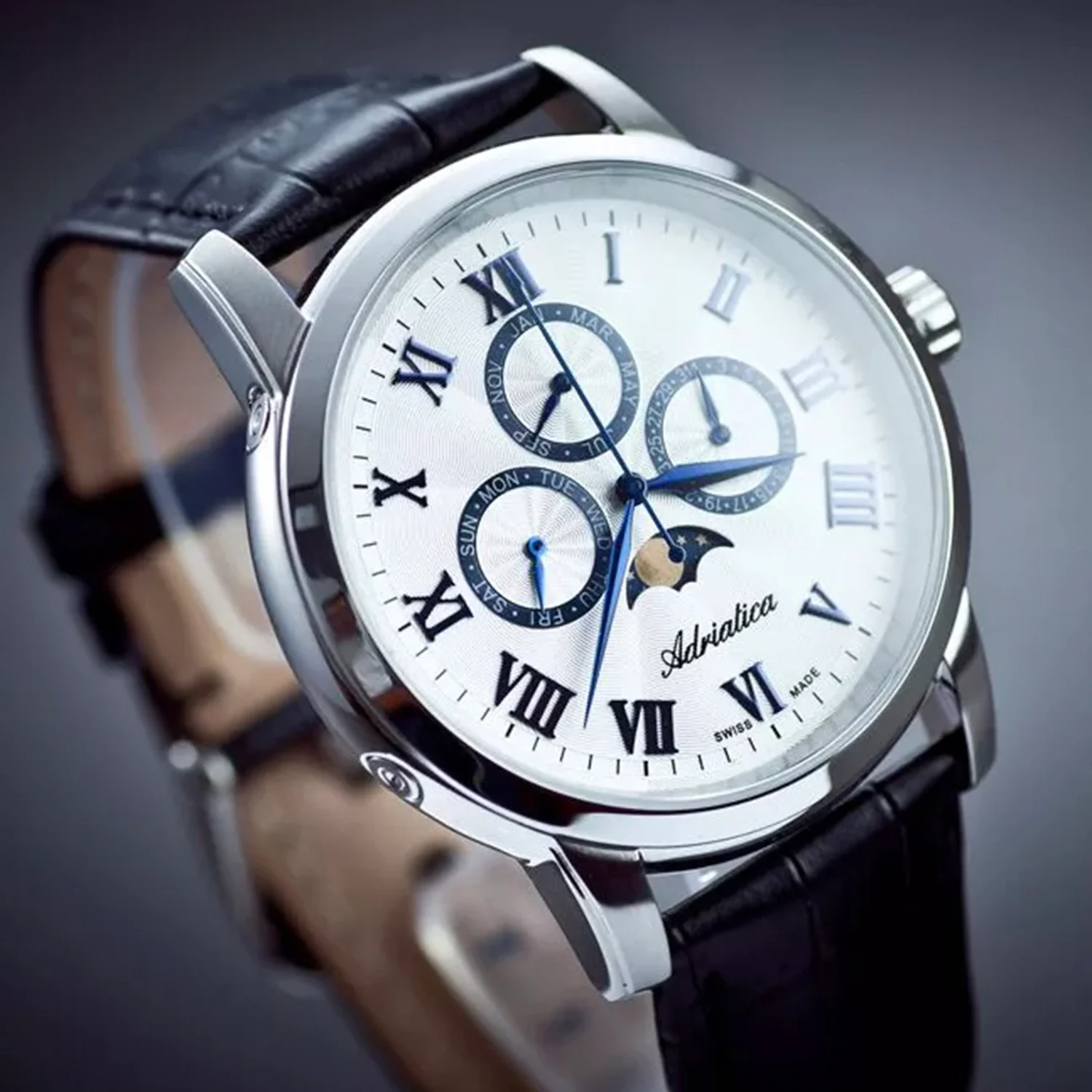 Moonphase Men Quartz Silver Dial Analog Leather Watch A8134.52B3QF - Image 3