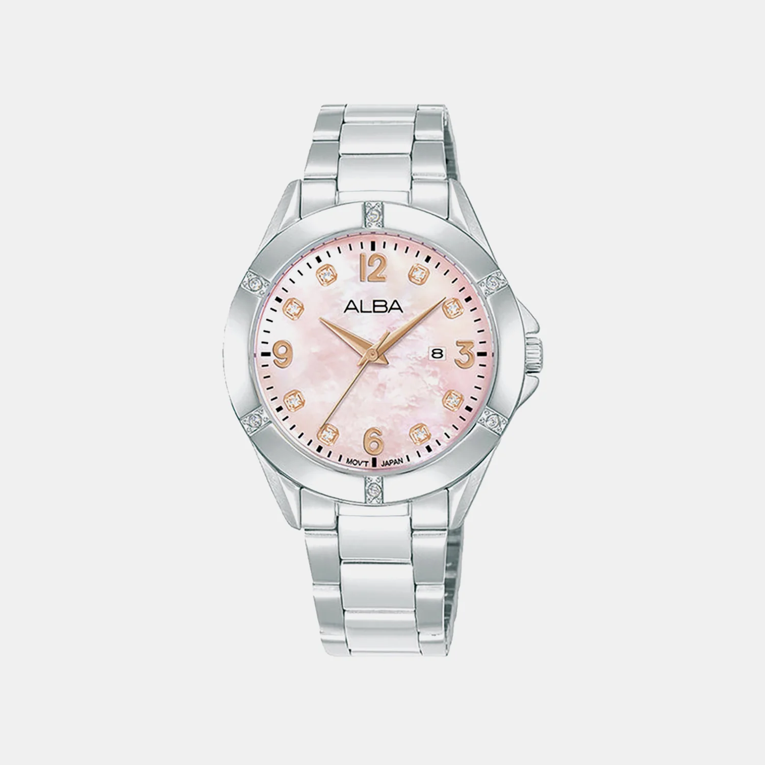 Fashion Women Quartz Pink Mother Of Pearl Dial Analog Stainless Steel Watch AH7EW9X1