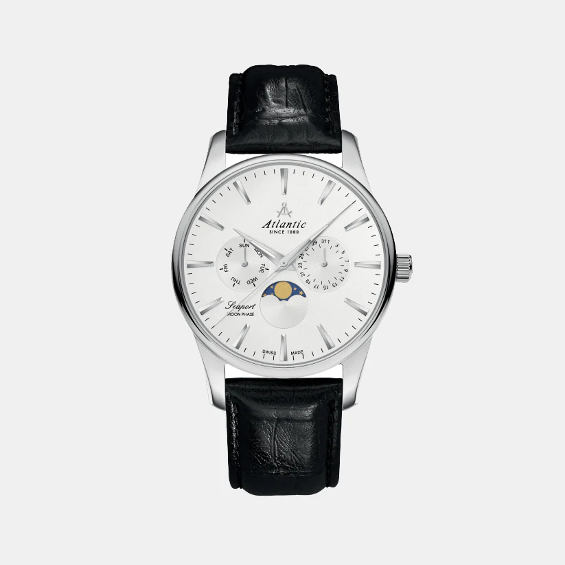 Seaport Moonphase Men Quartz Silver Dial Multi-Function Leather Watch 56550.41.21