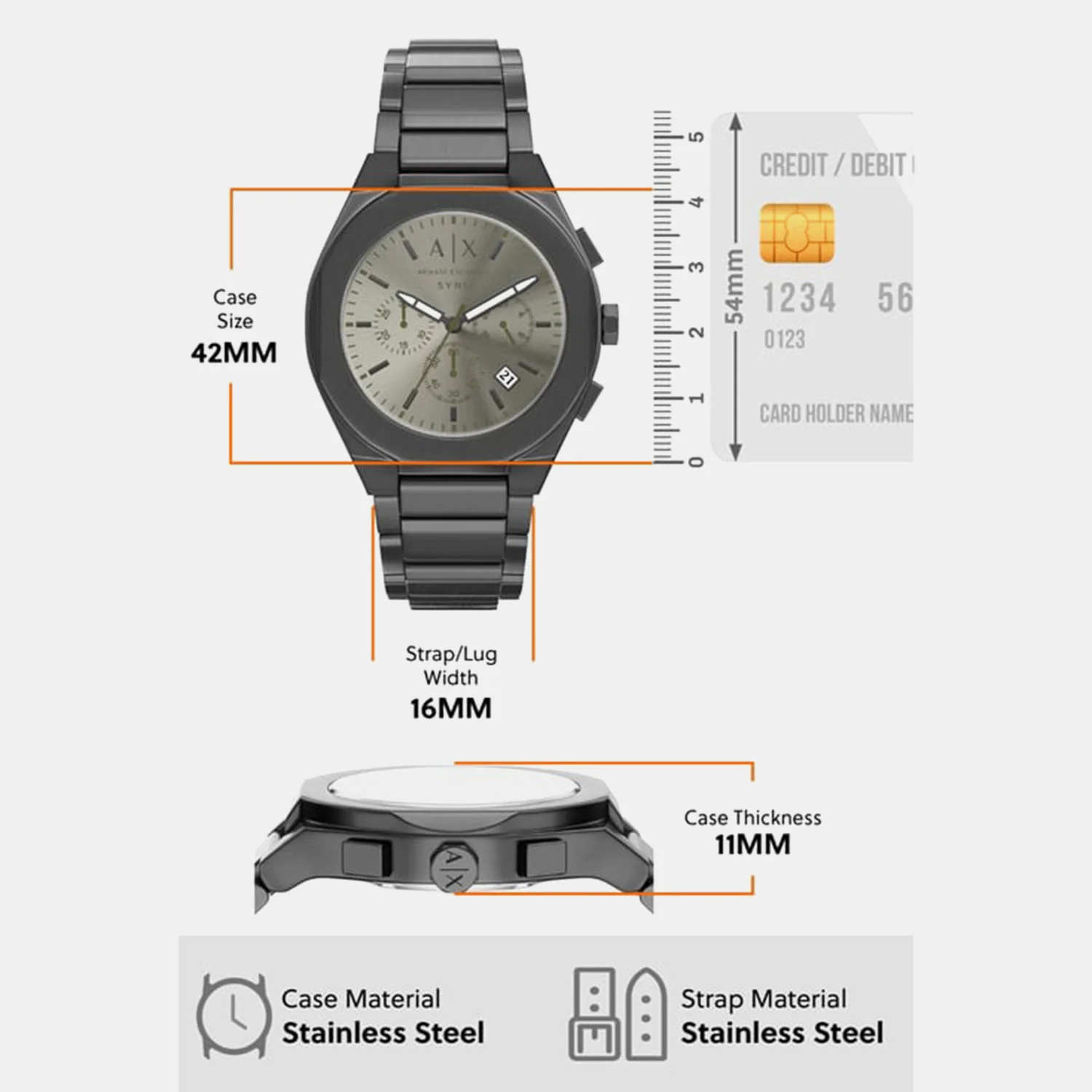 Men Quartz Grey Dial Chronograph Stainless Steel Watch AX4296 - Image 5