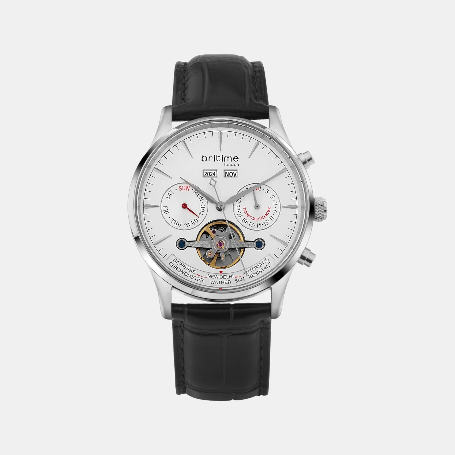 Celestial Men Automatic Silver Dial Chronograph Leather Watch 867-L10306