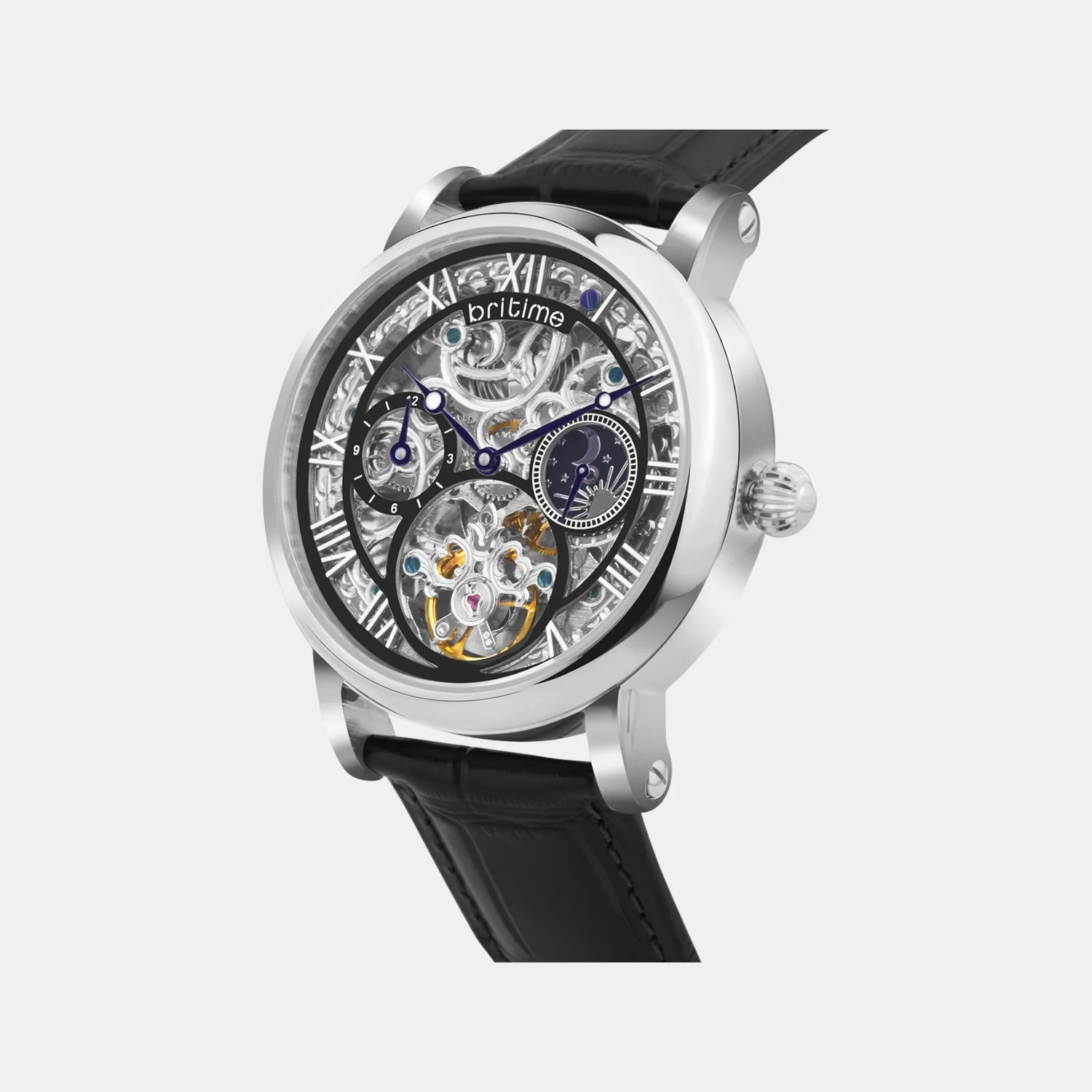 Men Automatic Silver Dial Multi-Function Leather Watch 786-L10406 - Image 4