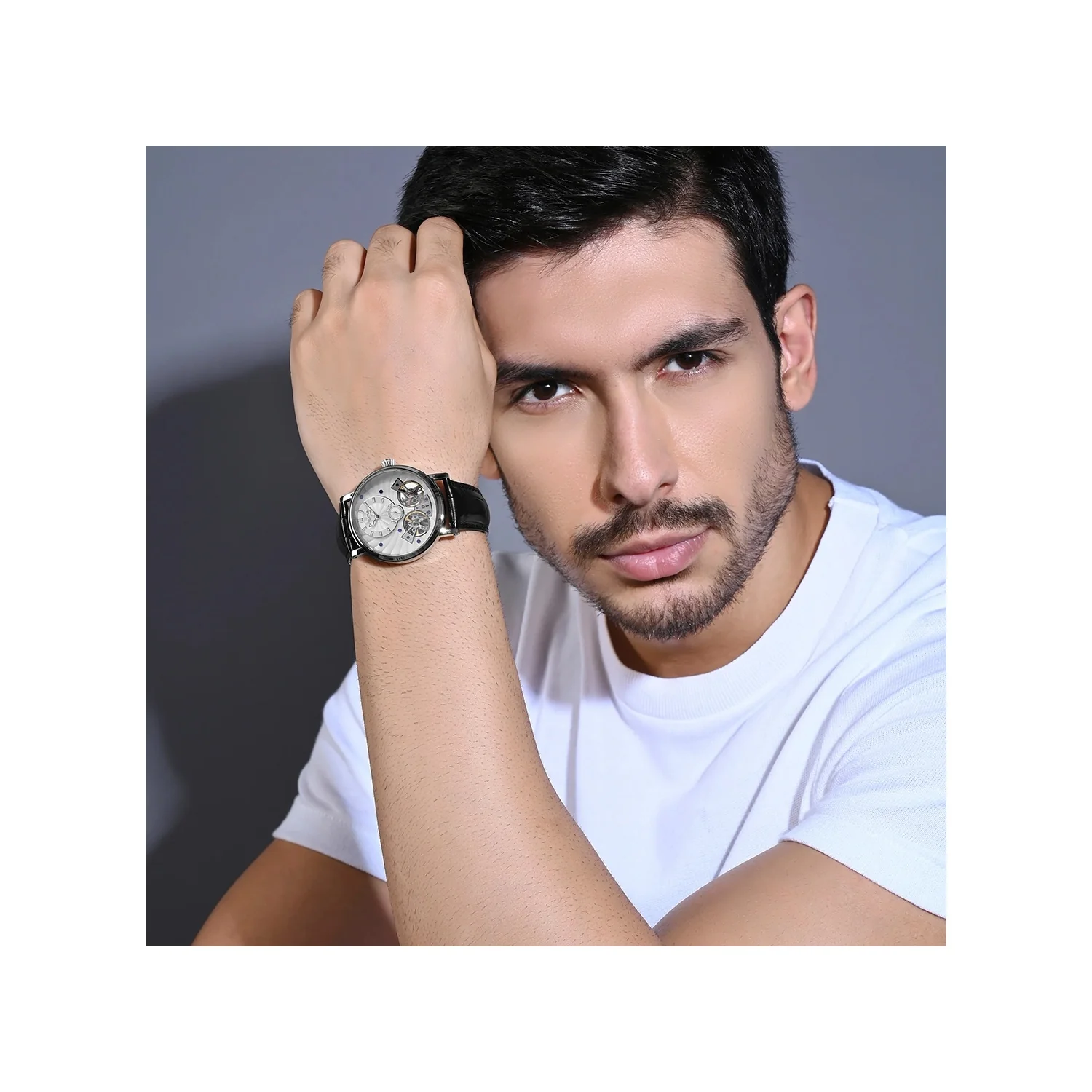 Men Automatic Silver Dial Multi-Function Leather Watch 821-L10306 - Image 5