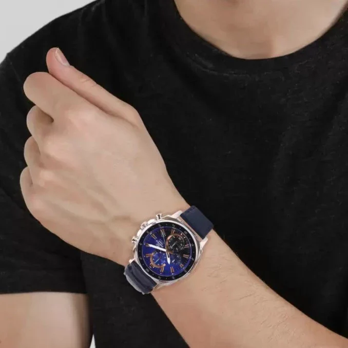 Edifice Men Quartz Blue Dial Chronograph Leather Watch EX521 - Image 2