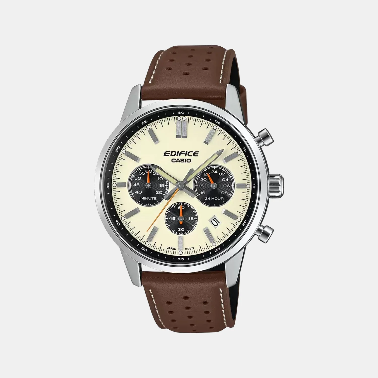 Edifice Men Quartz Cream & Black Dial Multi-Function Leather Watch ED657