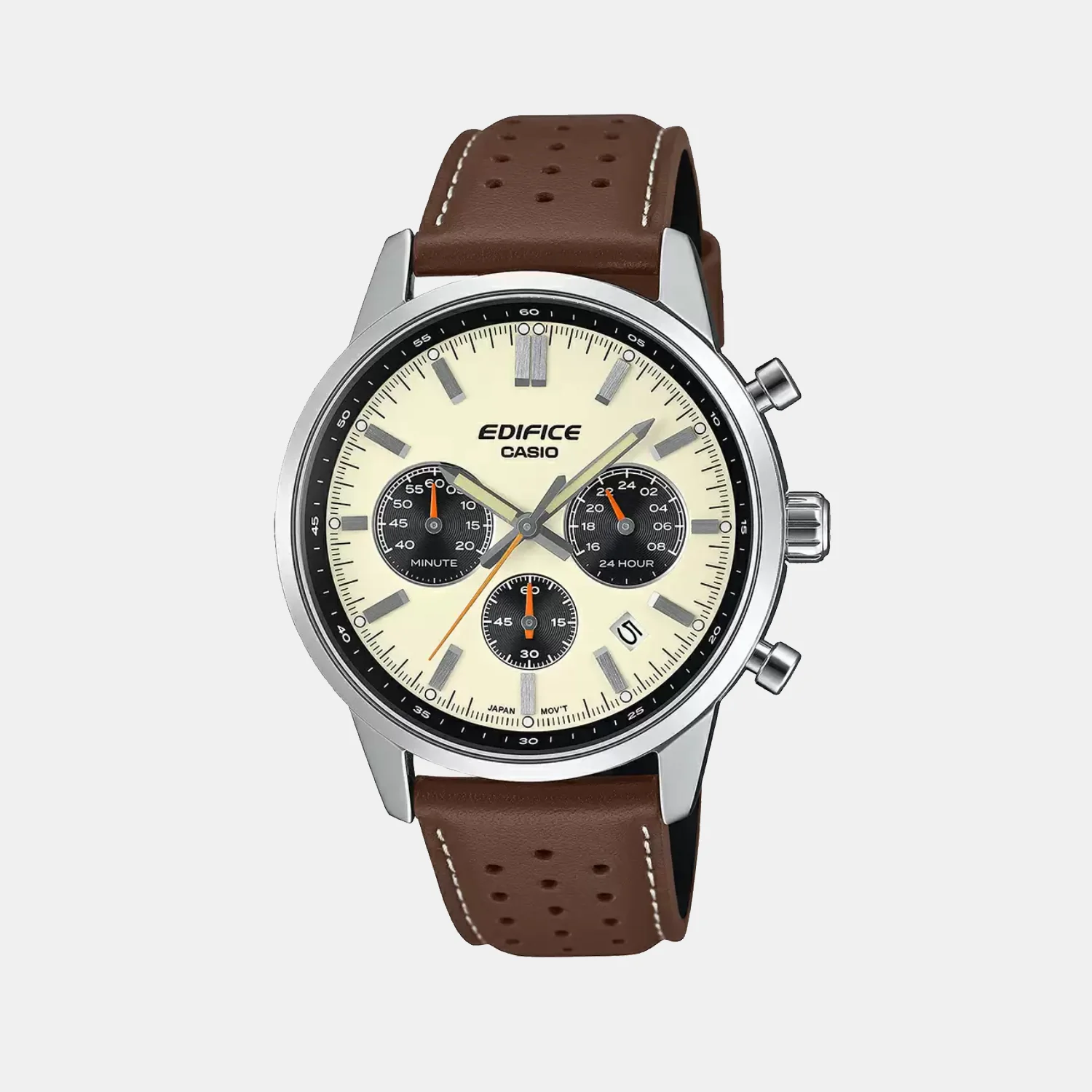 Edifice Men Quartz Cream & Black Dial Multi-Function Leather Watch ED657 - Image 2