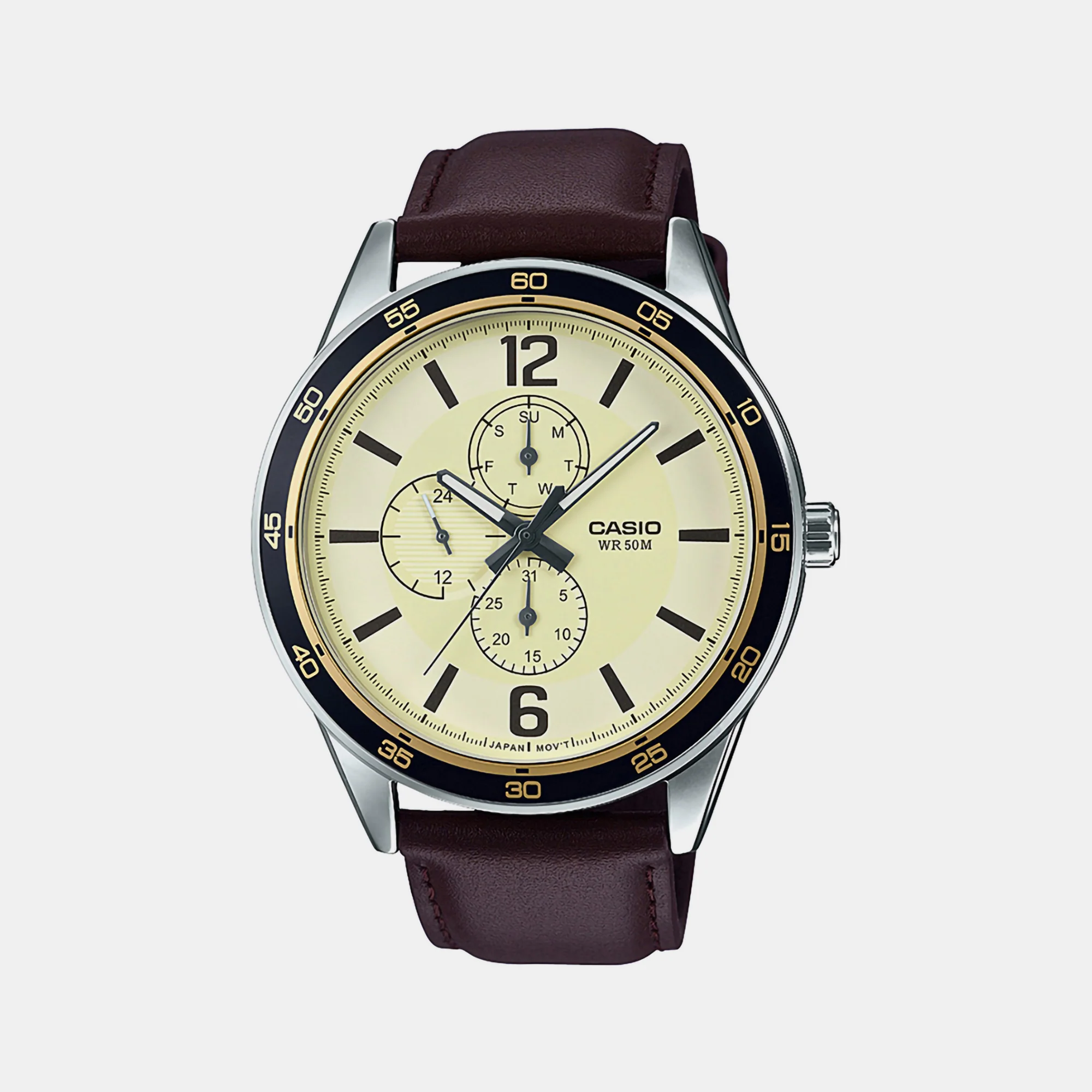 Enticer Men Quartz Gold Dial Chronograph Leather Watch A1533