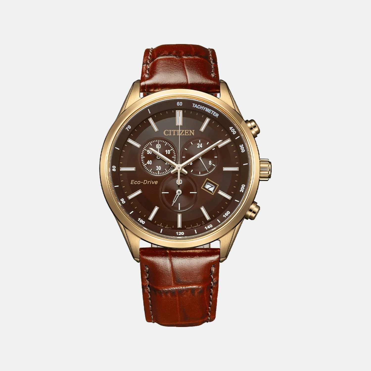 Eco-Drive Chronograph Men Brown Dial Leather Watch AT2573-07X - Image 2