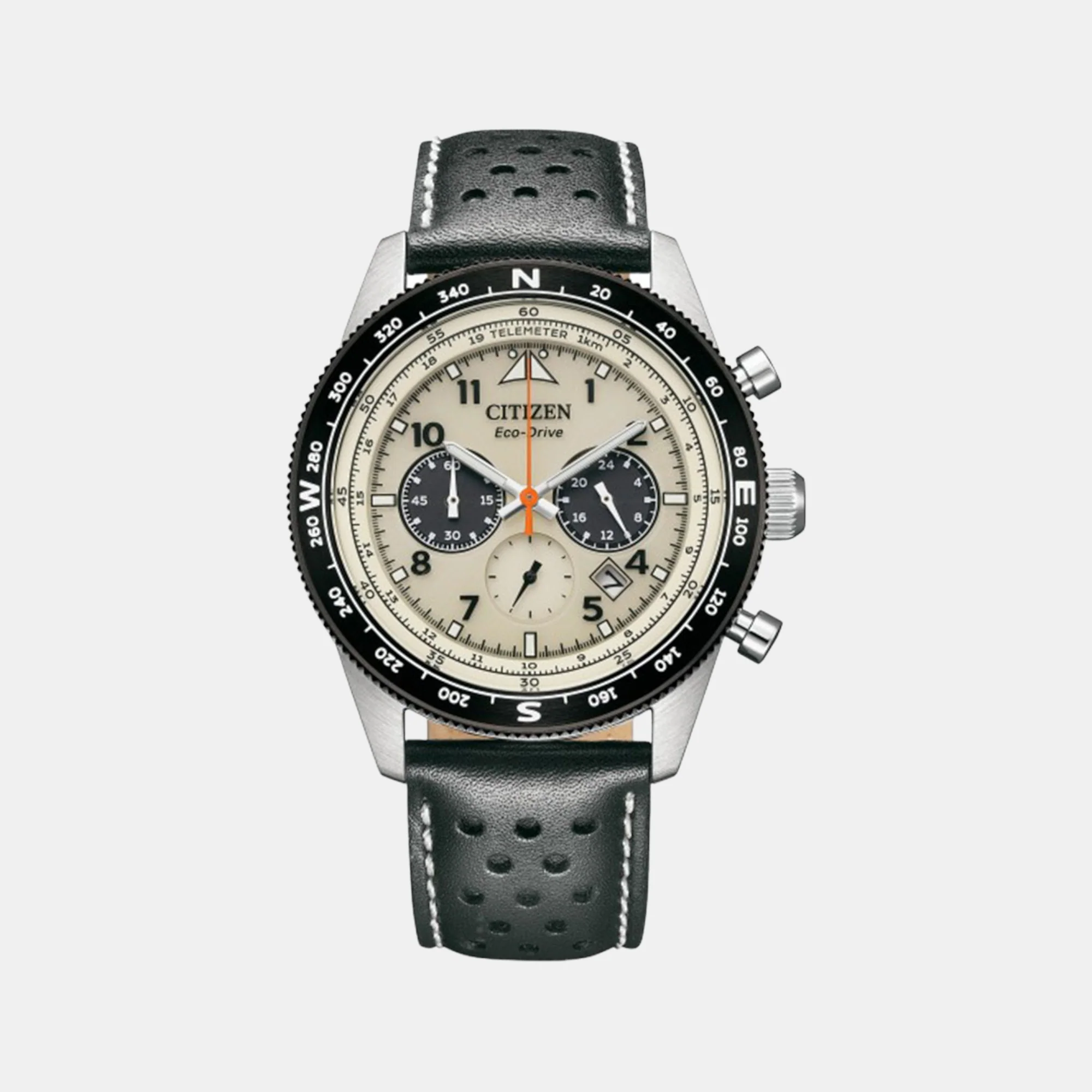 Eco-Drive Men Quartz Cream Dial Chronograph Leather Watch CA4559-13A