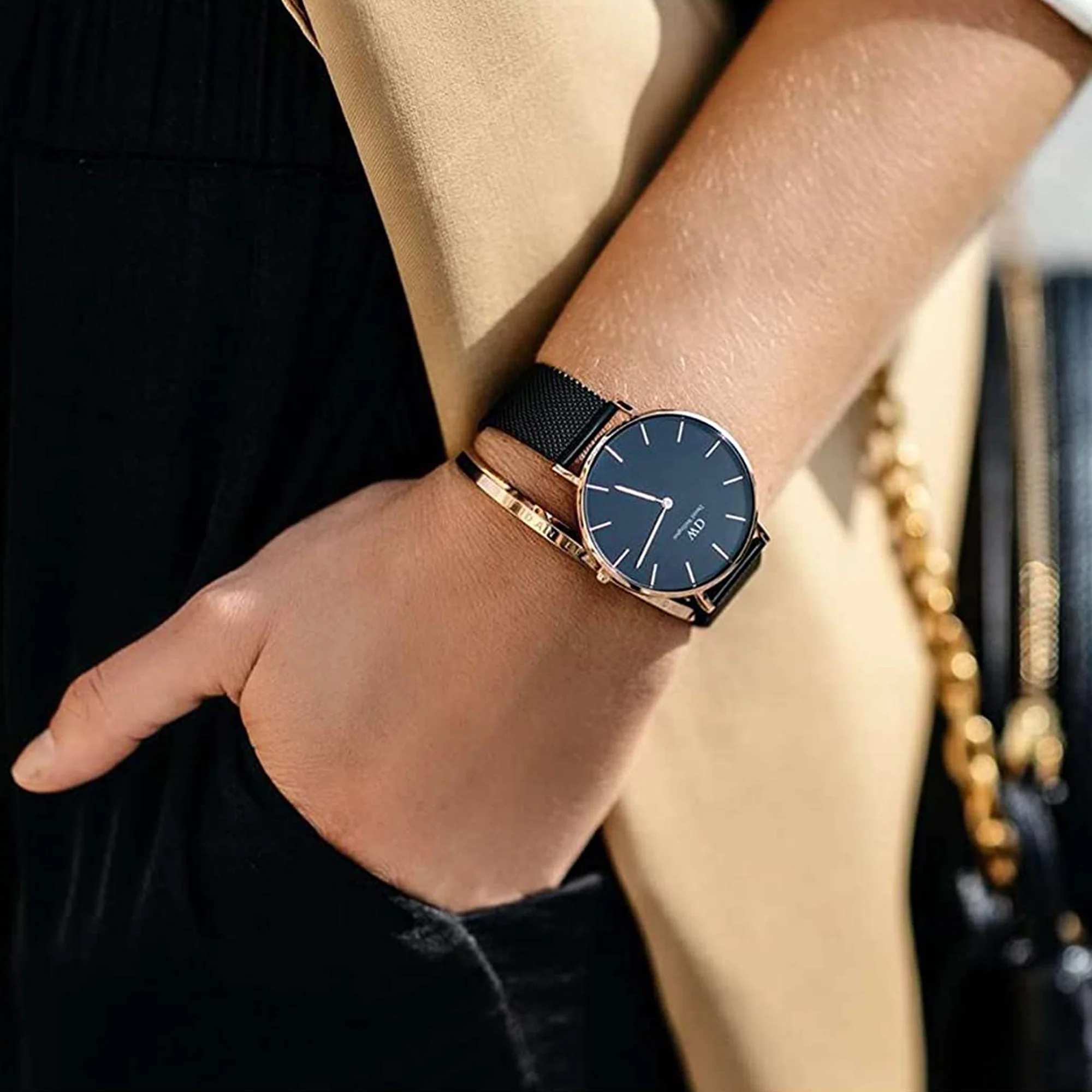 Petite Unisex Quartz Black Dial Analog Stainless Steel Watch DW00100307K - Image 7