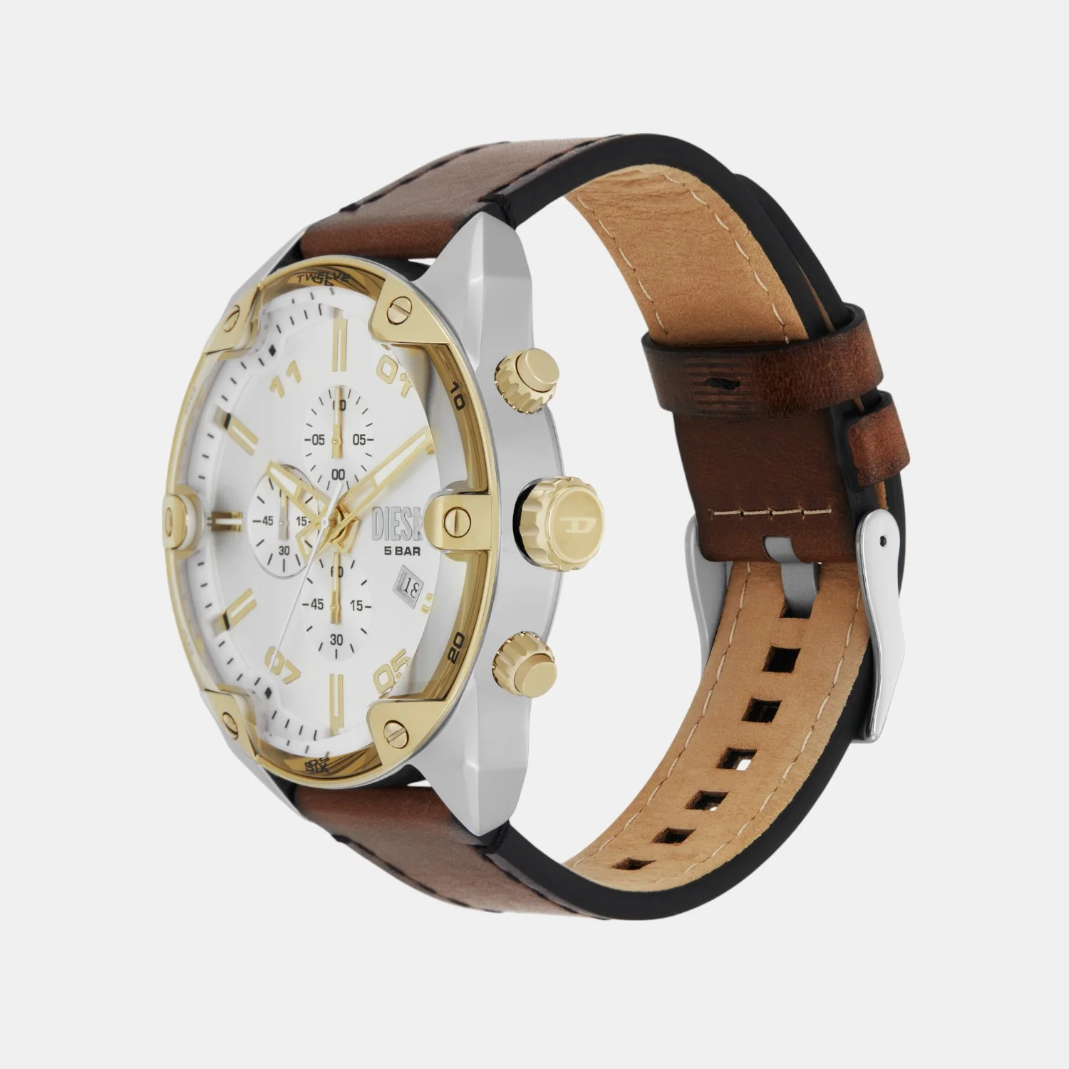 Spiked Men Quartz Silver Dial Chronograph Leather Watch DZ4665 - Image 4