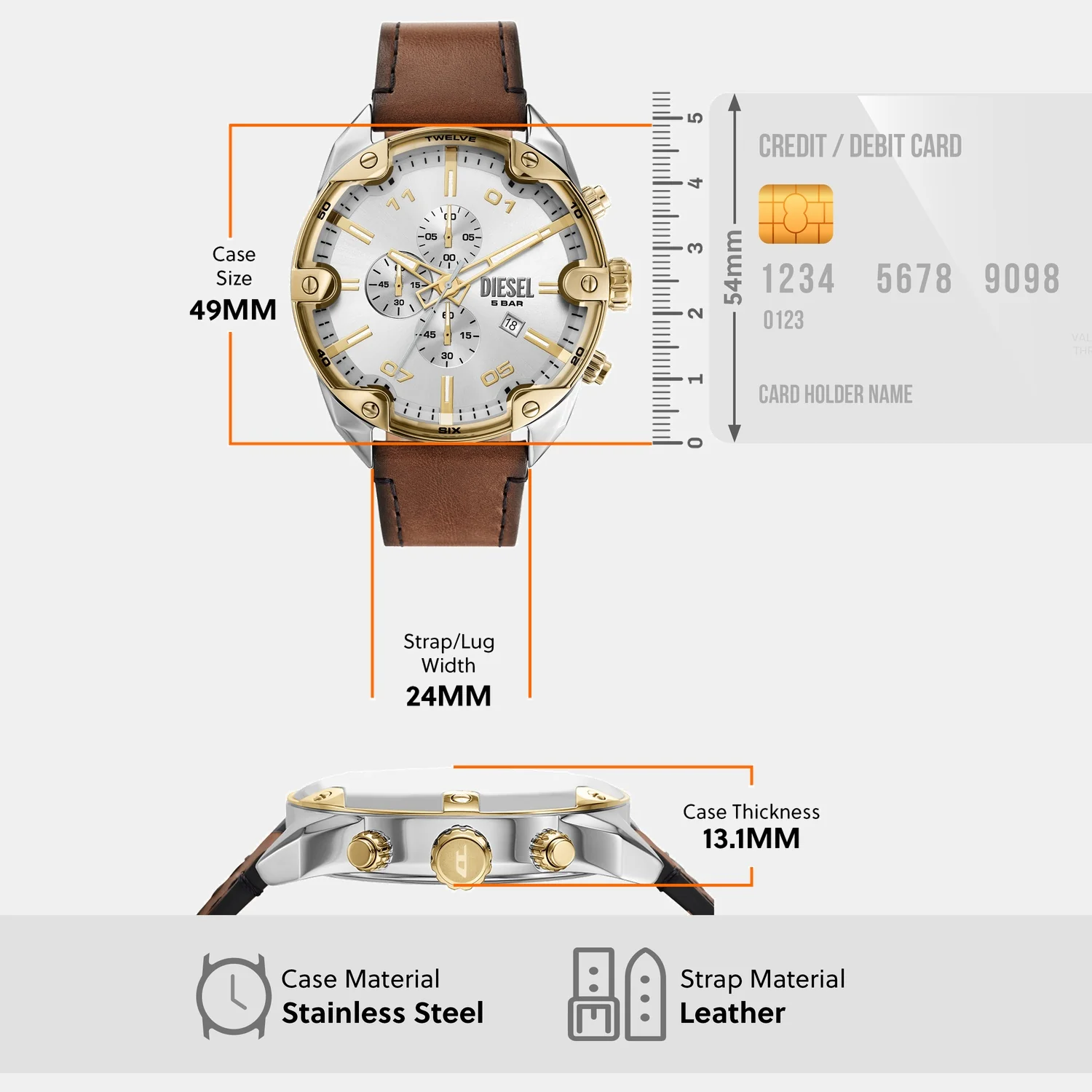 Spiked Men Quartz Silver Dial Chronograph Leather Watch DZ4665 - Image 9