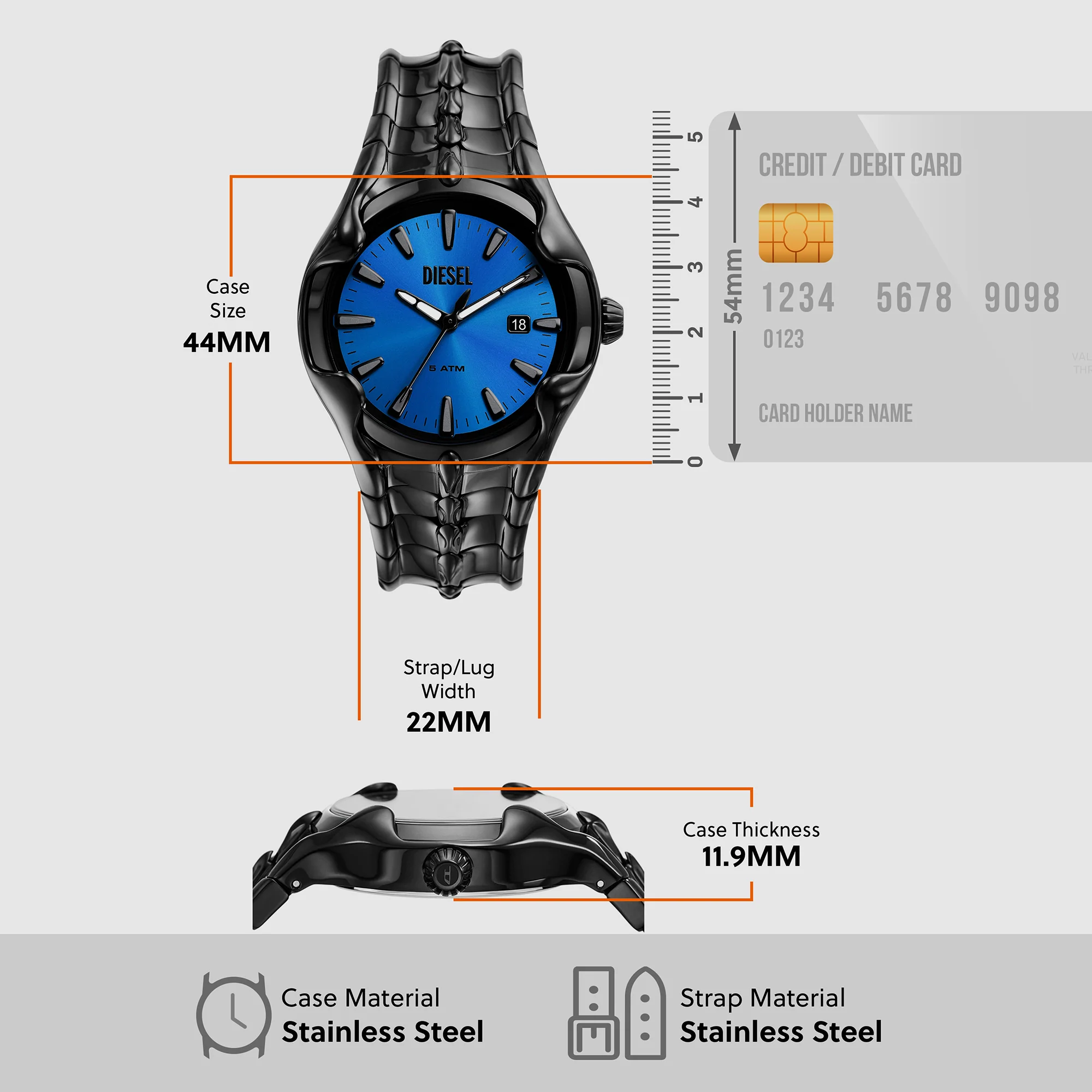Vert Men Quartz Blue Dial Analog Stainless Steel Watch DZ2198 - Image 5