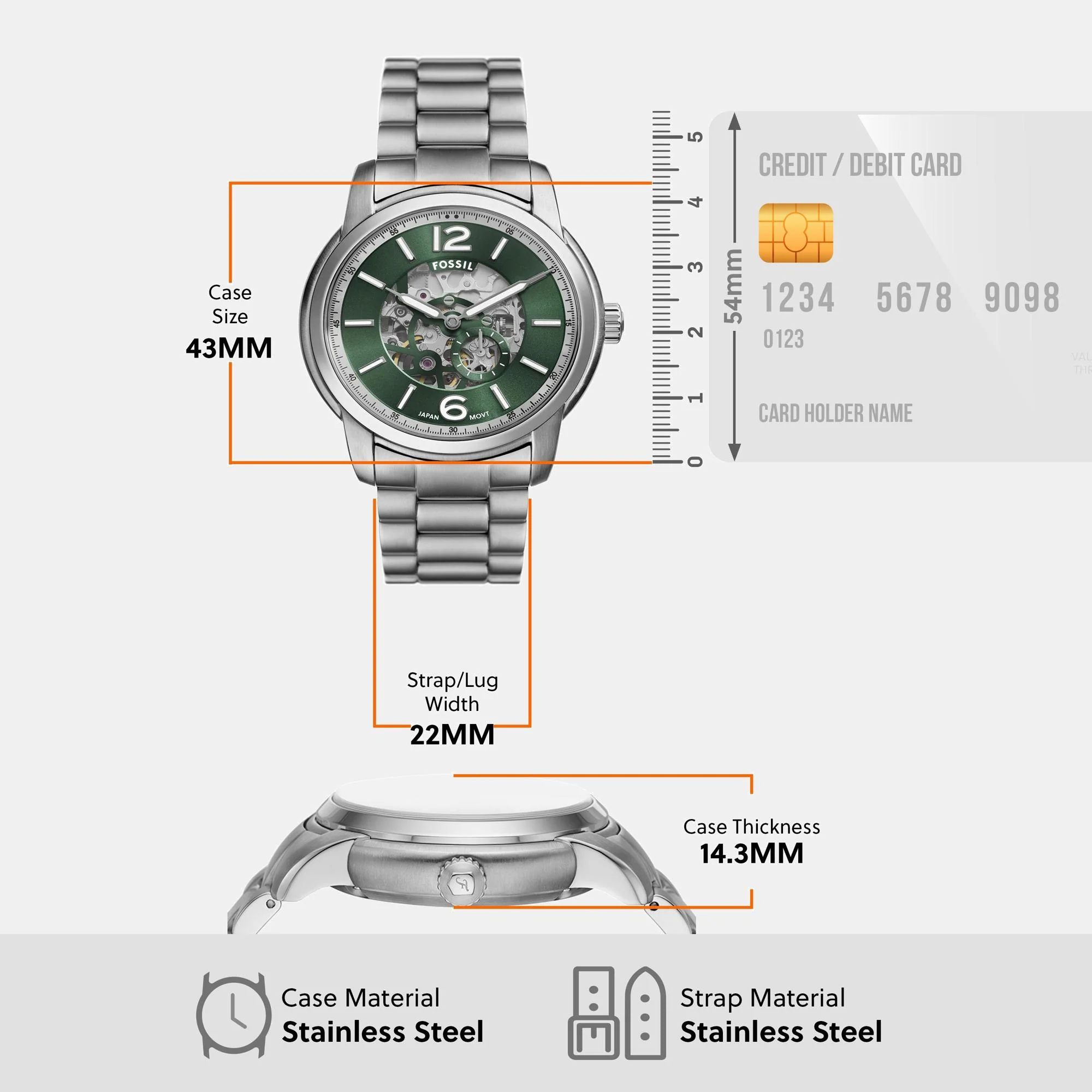 Fossil Heritage Men Automatic Green Dial Analog Stainless Steel Watch ME3262 - Image 6