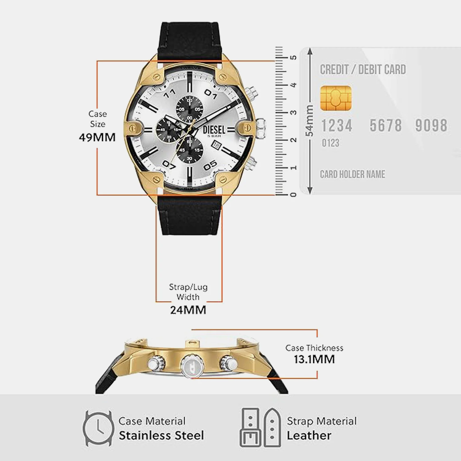 Spiked Men Quartz Silver Dial Chronograph Leather Watch DZ4671 - Image 4