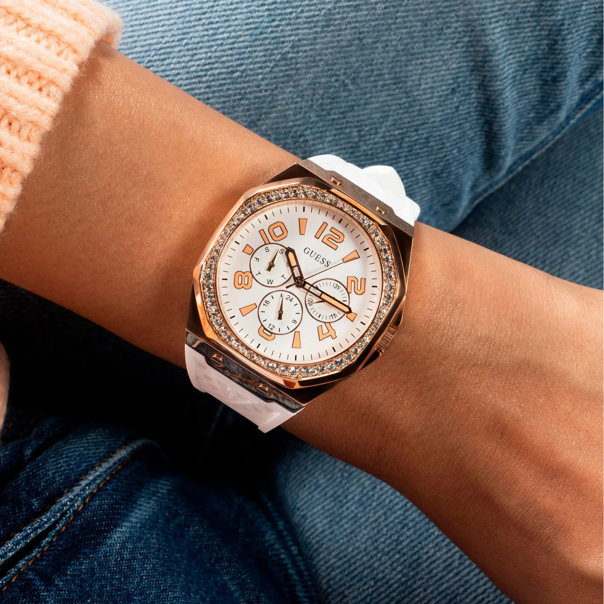 Zest Octogonal Women Quartz White Dial Multi-Function Silicone Watch GW0694L3 - Image 5