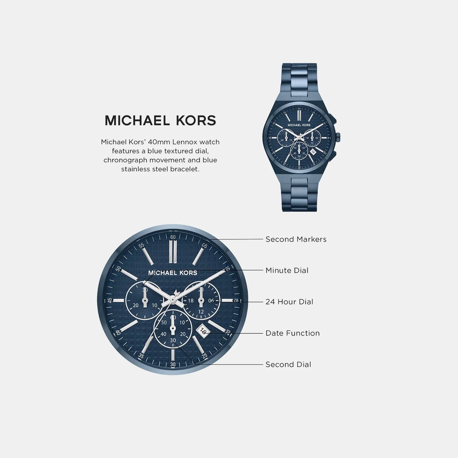Lennox Men Quartz Blue Dial Chronograph Stainless Steel Watch MK9147 - Image 6