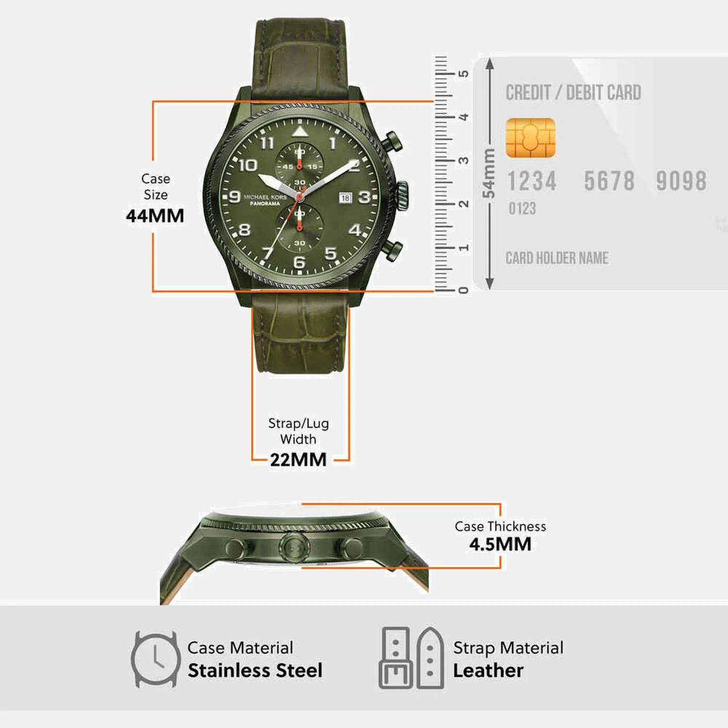 Panorama Men Quartz Green Dial Chronograph Leather Watch MK9199 - Image 6