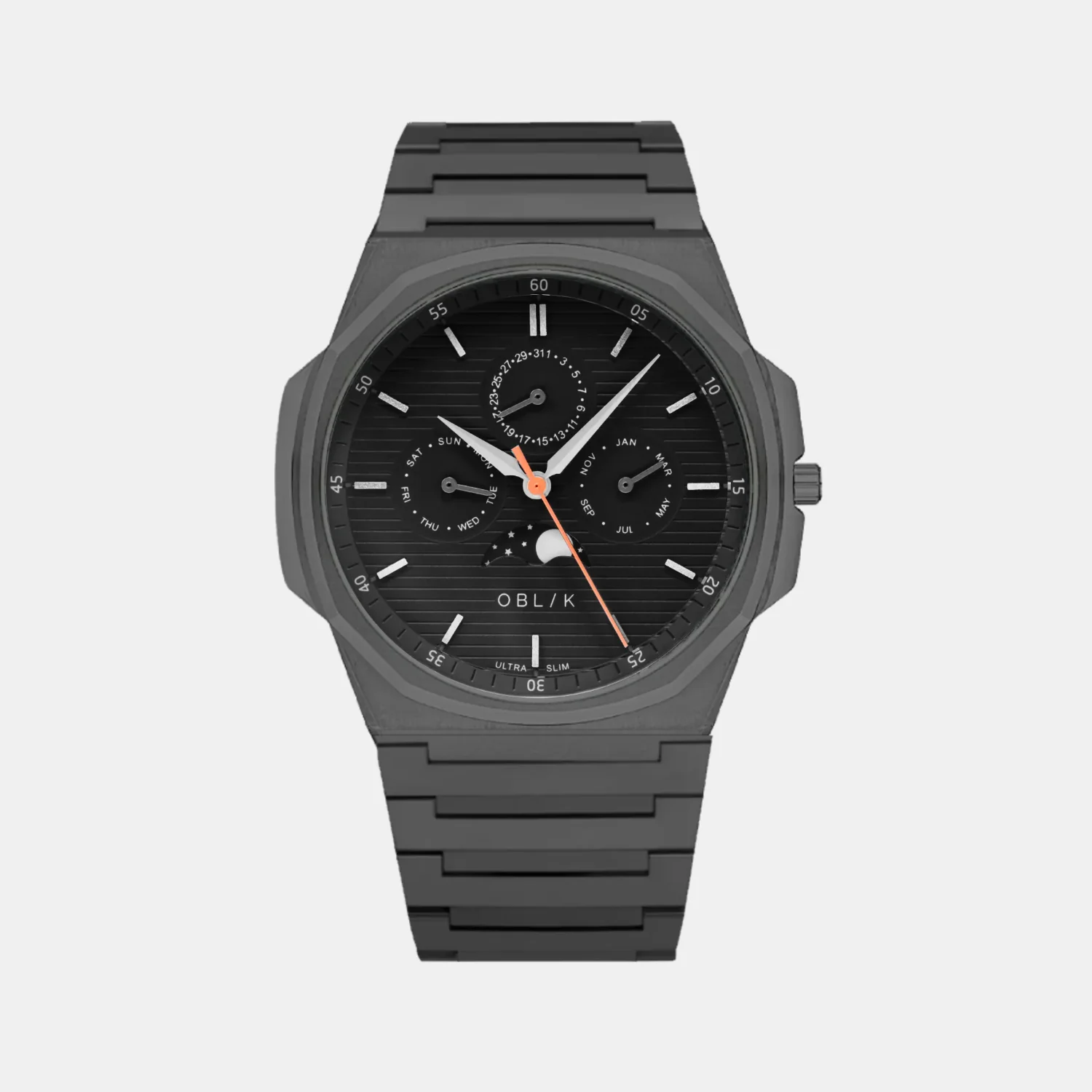 Moonphase Men Quartz Black Dial Multi-Function Stainless Steel Watch BLADE LUNAR CALENDAR-GM