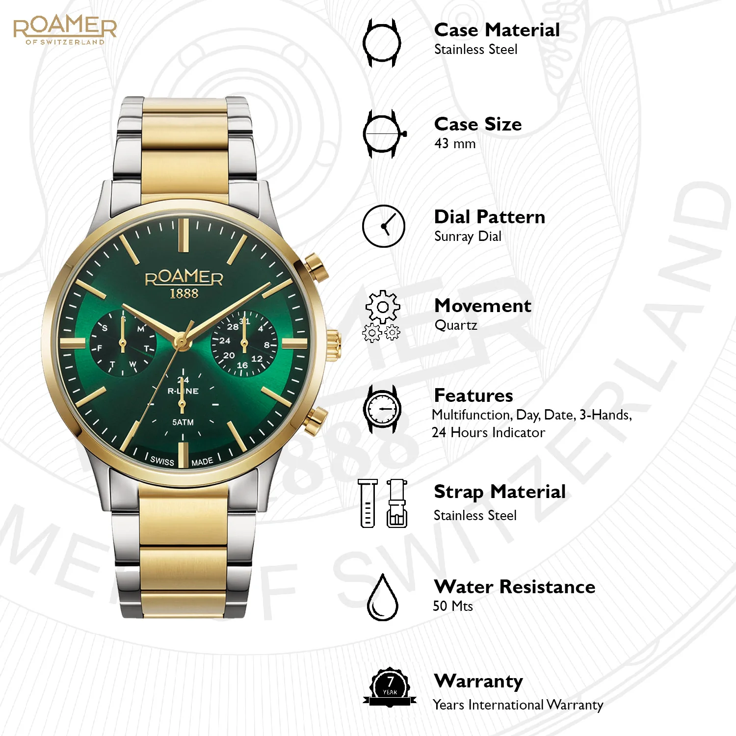 R-Line Men Quartz Green Dial Analog Stainless Steel Watch 718982 48 75 70 - Image 4