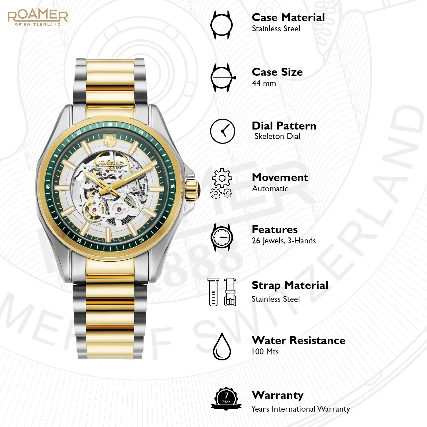 Rockshell Mark III Skeleton Men Automatic Green Dial Analog Stainless Steel Watch 220984 48 75 20 - Image 7