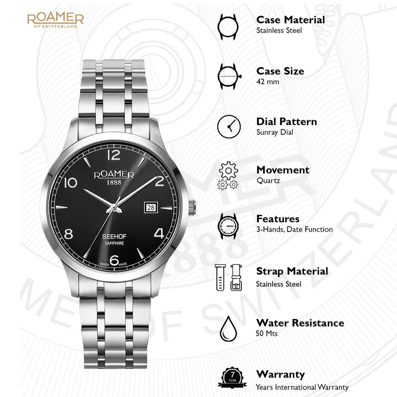 Seehof Men Quartz Black Dial Analog Stainless Steel Watch 509833 41 54 20 - Image 2