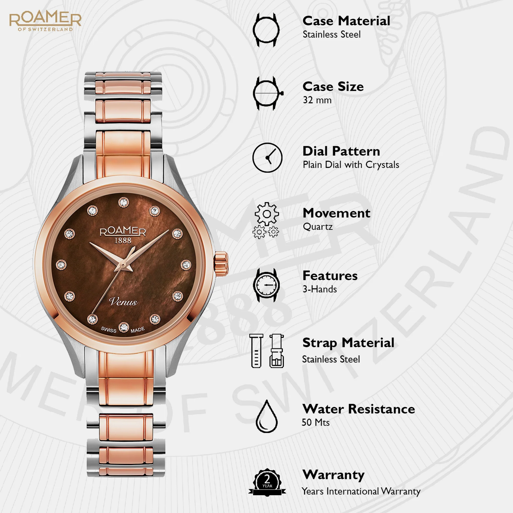 Venus Women Quartz Mother Of Pearl Dial Analog Stainless Steel Watch 600847 47 69 60 - Image 2