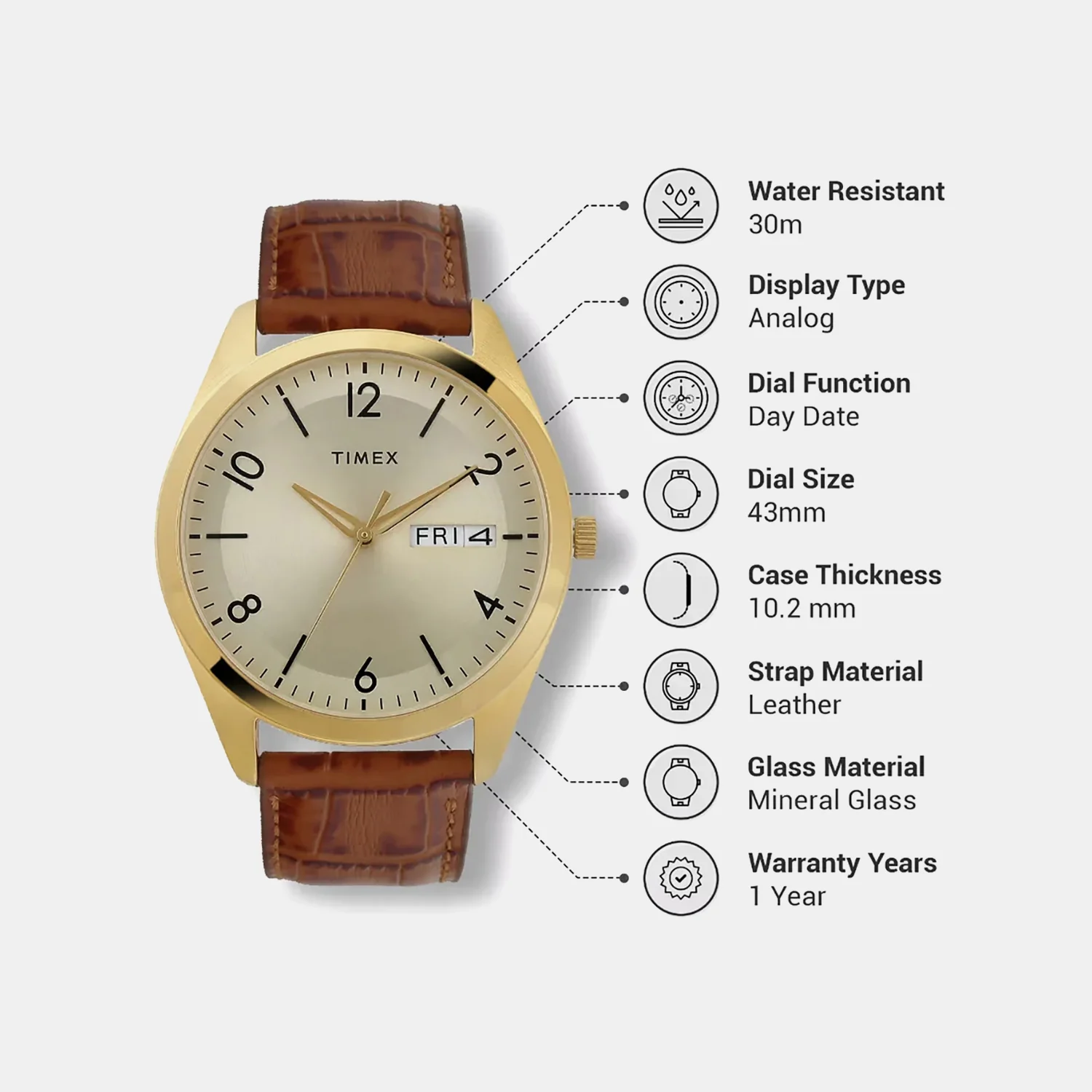 Classics Men Quartz Champagne Dial Analog Leather Watch TWTG10400 - Image 3