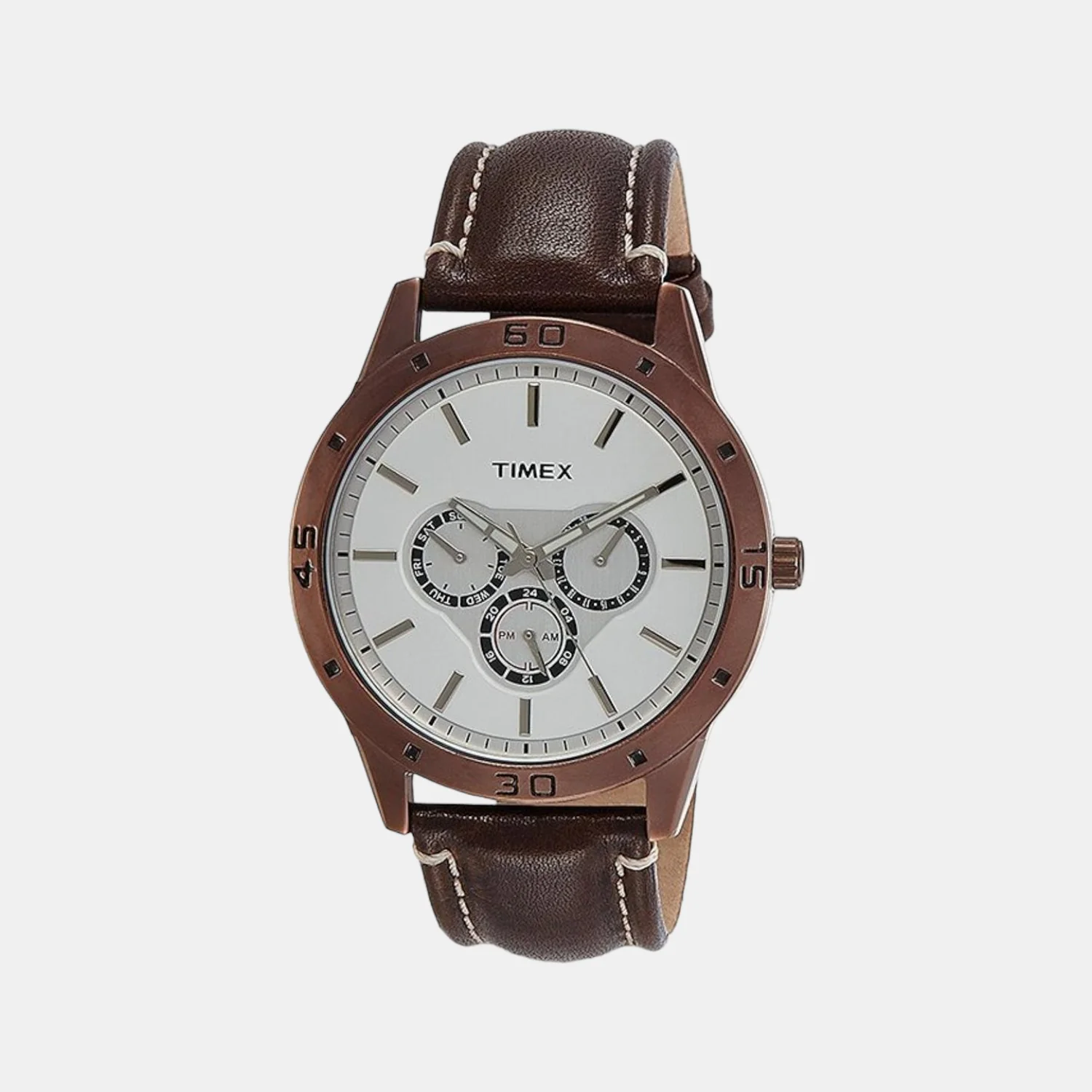Fashion Men Quartz Silver Dial Chronograph Leather Watch TW000U916