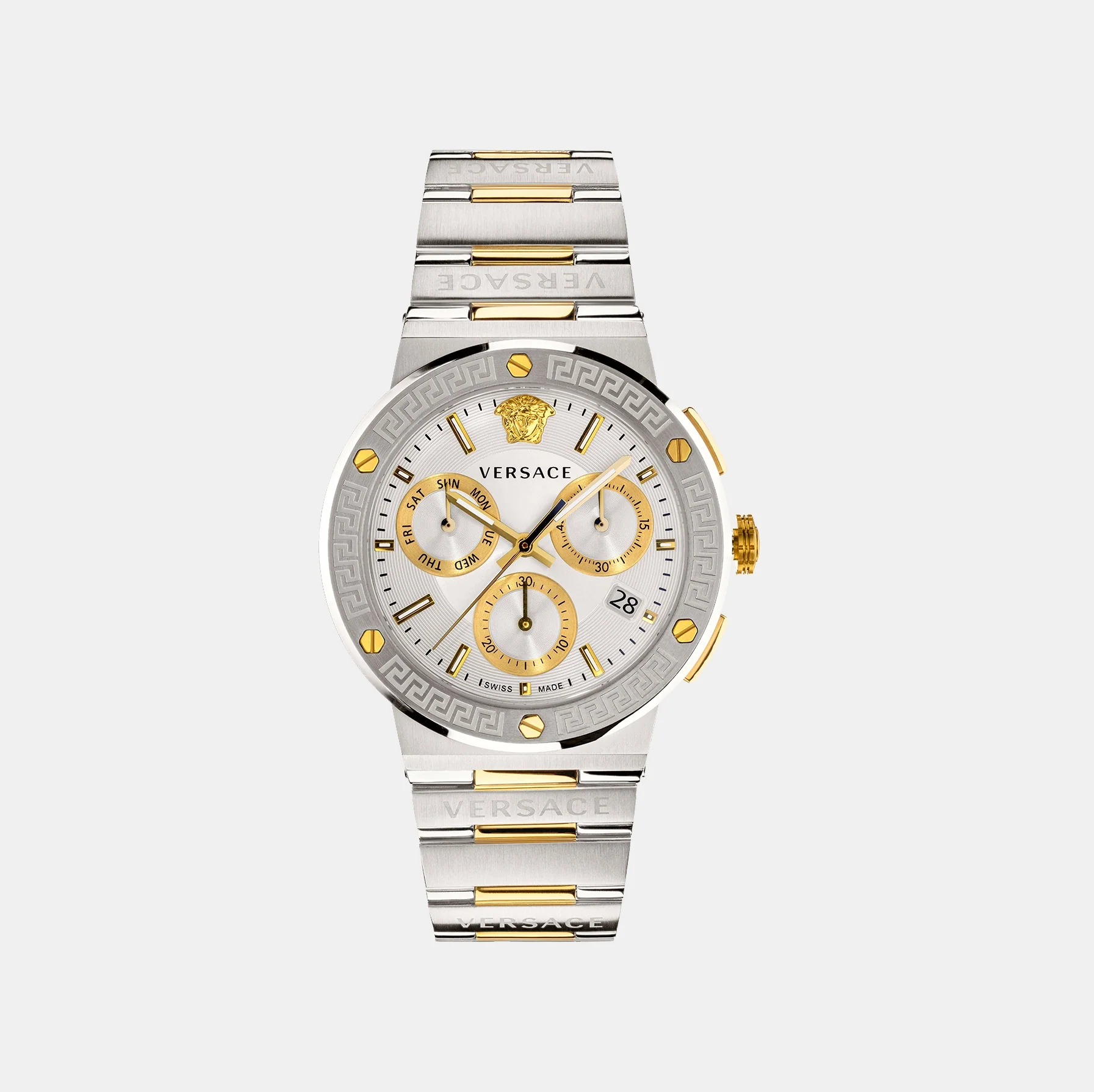 Greca Logo Men Quartz Silver Dial Chronograph Stainless Steel Watch VEZ900321